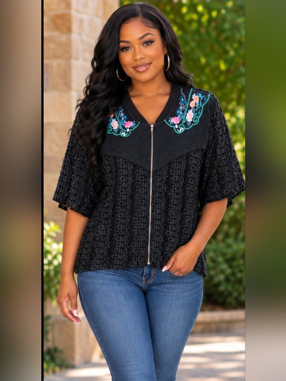 NEW!! POL Boho Western Black Embroidered Zip-Front Lace Blouse, Sz Small